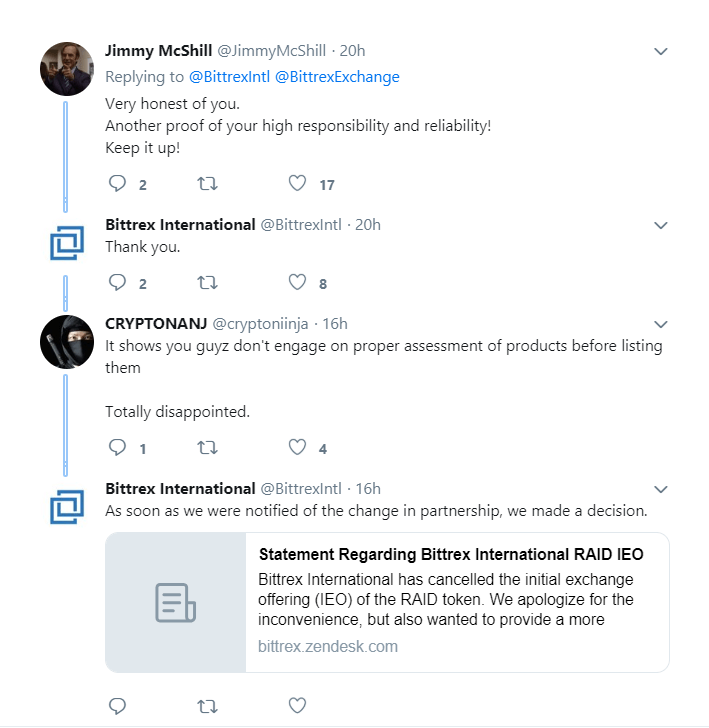 Bittrex cancels RAID tokensale